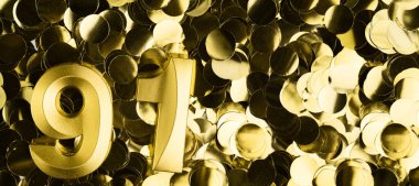 Parlak sarı konfeti arka planında doksan bir numaralı mum. Doksan birinci yaş günü, yıldönümü ya da kutlama için şenlik arkaplanı. Metin için yeri olan parlak tebrik kartı.