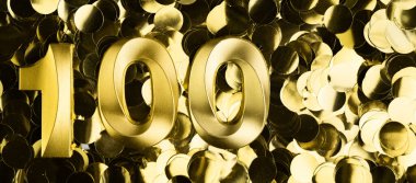 Altın numara 100 mum, parlak sarı konfeti arka planında. Yüzüncü yaş günü, yıldönümü ya da kutlama için şenlikli bir zemin. Metin için yeri olan parlak tebrik kartı.