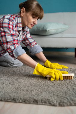 Oda servisi ve temizlik konsepti. Ekose gömlek giyen kadın odada halı temizliyor. Boşluğu kopyala