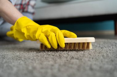 Kadın elini odada fırçayla eldiven temizleme halısıyla kapat. Metin için boşluk