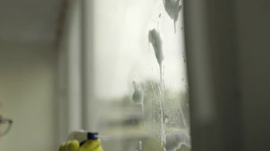 Dezenfeksiyon için cam temizleyen sprey şişeli bir temizlikçi. Hizmetçi servisi. Yıkama, temizlik ve ev işi konsepti. Yakın plan.