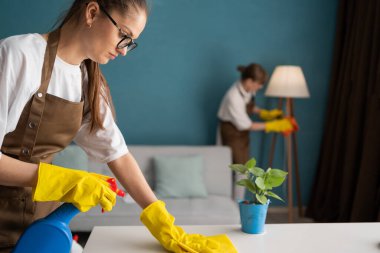 Temizlikçiler daireyi temizlerken masayı temizlemek için dezenfektan spreyi kullanıyorlar. Kapıcılar çalışıyor. Oda servisi ve temizlik hizmeti konsepti