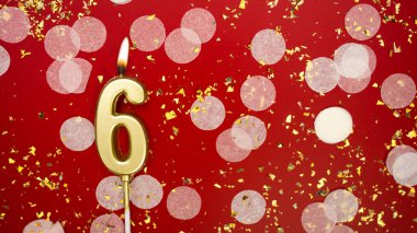 Altın yanan mum altı numara. Kırmızı arkaplanda 6 yazılı doğum günü tebrik kartı konfeti ve simle. Yıldönümü, kutlama etkinliği ve doğum günü konsepti.