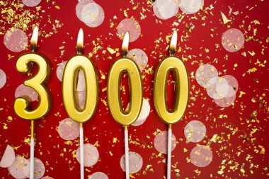 3000, 3K takipçisi kırmızı arka plandaki sosyal medya aboneliğini konfetiyle kutluyor ve tebrik ediyor. Boşluğu kopyala