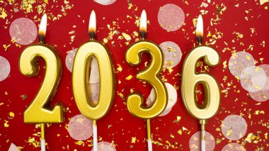 Mutlu yıllar 2036. Tatil geçmişi. 2036 yılının sayıları kırmızı arka planda konfeti ve simle altın mum yakmaktan. Yeni yıl tatili kavramı. Boşluğu kopyala