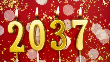Mutlu yıllar 2037. Tatil geçmişi. 2037 yılının sayıları kırmızı arka planda konfeti ve simle altın mum yakmaktan. Yeni yıl tatili kavramı. Boşluğu kopyala