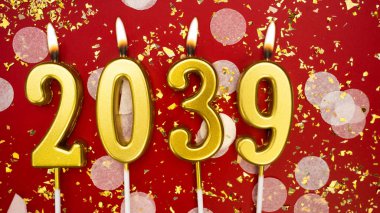 Mutlu yıllar 2039. Tatil geçmişi. 2039 yılının sayıları kırmızı arka planda konfeti ve simle altın mum yakmaktan. Yeni yıl tatili kavramı. Boşluğu kopyala