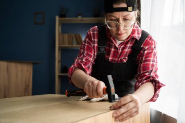 İş yerinde çalışan bir kadın mobilya montajı için çekiç ve çivi kullanıyor. Boşluğu kopyala