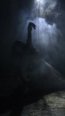 Beyaz elbiseli siluet dansçı kadın siste mistik dans ediyor. Point Light 'ın dumanında zarif danslar. Dikey video