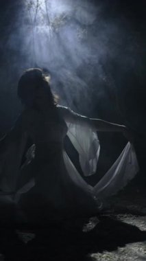 Beyaz elbiseli siluet dansçı kadın siste mistik dans ediyor. Point Light 'ın dumanında zarif danslar. Dikey video