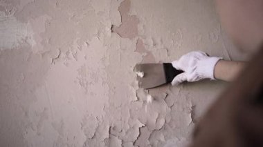 Duvardan eski boyaları söken kadın müteahhit ya da tamirci. Ev yenileme ve yenileme konsepti