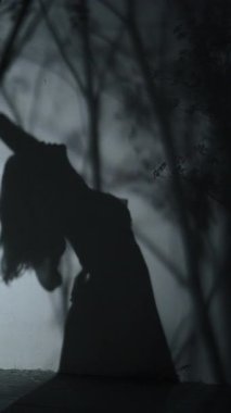 Bitkiler arasında mistik dans eden bir kadın dansçının silueti. Büyü ve mistisizm kavramı. Bitkisel video