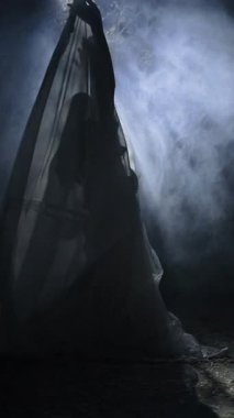 Beyaz elbiseli siluet dansçı kadın siste mistik dans ediyor. Point Light 'ın dumanında zarif danslar. Dikey video