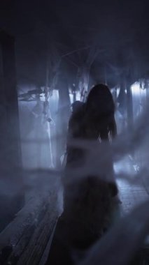 Makyajlı, kirli elbisesi yırtık korkunç zombi kadın gelini örümcek ağlarıyla karanlık koridorda yürüyor. Boşluğu kopyala