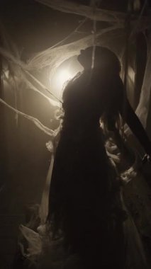 Makyajlı, kirli yırtık elbiseli korkunç zombi kadın gelinle kasılmalı, karanlık koridorda örümcek ağlarıyla. Boşluğu kopyala