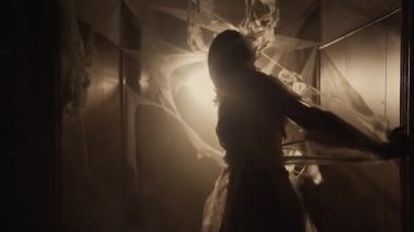 Cadılar Bayramı 'nda zombi makyajı yapılmış korkunç ölü gelin koridorda örümcek ağı takıyor. Voodoo ayinleri. Boşluğu kopyala