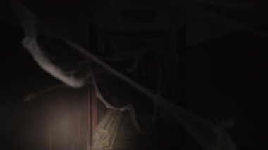 El feneriyle aydınlatılmış kalın örümcek ağlarıyla dolu uzun dar bir koridor. Korku filmi dekorasyonu, Cadılar Bayramı dekorasyonu, korku, karanlık, gerilim ve sessizlik kavramı..