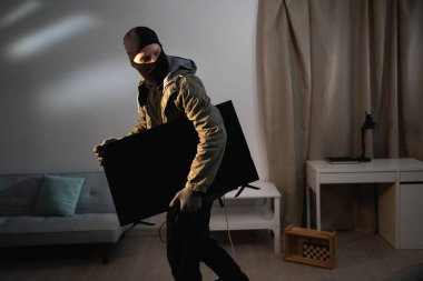 Siyah kar maskeli bir hırsız evden televizyon çalıyor. Mülk dairesinde hırsızlık yapan hırsız ya da hırsız. Boşluğu kopyala