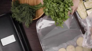 Kadın ellerinin vakumlama ve donma için plastik torbaya taze maydanoz koyması. Gıda hazırlama konsepti, şifalı bitkiler depolama, sağlıklı yemek hazırlama ve uzun vadeli koruma. Üst görünüm