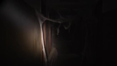 Cadılar Bayramı korku konsepti. El feneriyle aydınlatılmış kalın örümcek ağlarıyla dolu uzun dar bir koridor. Korku filmi ayarları. Boşluğu kopyala