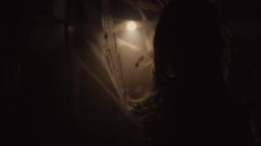 Korkunç zombi kadın ağa dolanmış, geceleri içeride kasılmalar geçiriyor. Korku filmi sahne konsepti