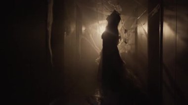 Cadılar Bayramı 'nda zombi makyajı yapılmış korkunç ölü gelin koridorda örümcek ağı takıyor. Voodoo ayinleri. Boşluğu kopyala