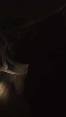 Hayatta kalan biri, koridorda fener tutarak korkunç yüzlü zombi bir kadınla buluşuyor. dikey video