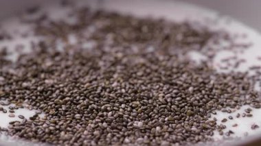 Chia pudingi yapma süreci. Chia tohumları taze yoğurdun içine dökülür. Boşluğu kopyala