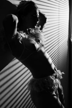 Işıklı iç çamaşırlı güzel kadın perdelerin arasından üzerine düşüyor. Projeksiyon ışığındaki kadın. kopyalama alanı. siyah beyaz fotoğraf