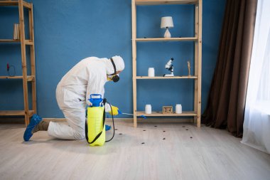 Pest control exterminator in white protective suit, mask and gas respirator with sprayer equipment killing cockroaches in apartment or house on the floor. copy space