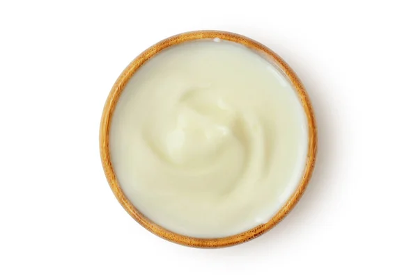 Yogurt Wooden Bowl White Background — Stock Photo, Image