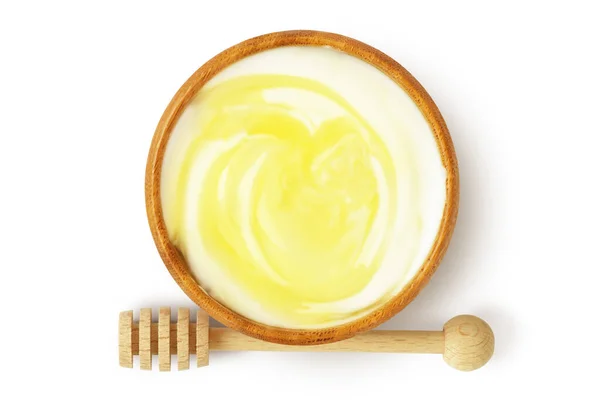 Yogurt Honey Wooden Bowl White Background — Stock Photo, Image