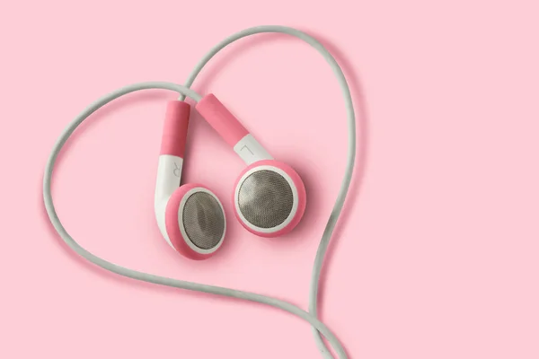 Pink Earphones Heart Shape Pink Background Concept Love Listening Support — Stock Photo, Image