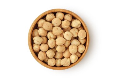 Chickpeas in wooden bowl on white background