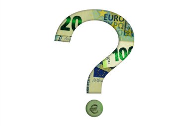 Beyaz arkaplandaki avro banknotlarından oluşan soru işareti - finans ve yatırım kavramı