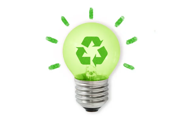 Green Light Bulb Recycling Symbol White Background Concept Ecology Green — Stock Photo, Image