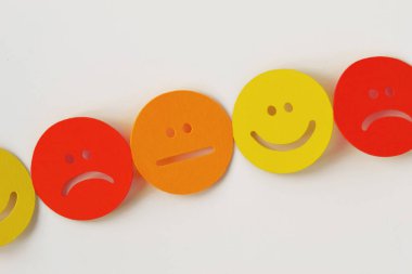 Beyaz zemin üzerinde pozitif, nötr ve negatif ifade içeren sarı, turuncu ve kırmızı kağıt yüzler zinciri