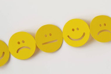 Beyaz zemin üzerinde pozitif, nötr ve negatif ifade içeren kağıt yüzler zinciri