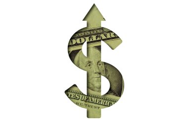 Beyaz arka planda dolar banknotlarından oluşan yukarı doğru ok işaretli dolar işareti - dolar para biriminin büyüme ve yükselme eğilimi kavramı