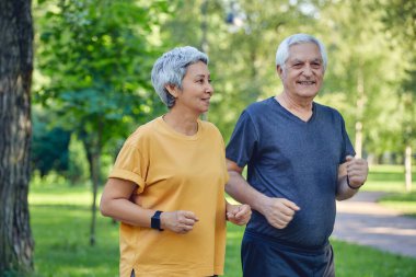 Yaz parkında koşan olgun, gri saçlı, fit bir çift. İki yaşlı koşucu sabah aktif kardiyo yapmayı seviyorlar, sağlıklı ve aktif bir yaşam sürüyorlar. Kilo kaybı, spor konsepti