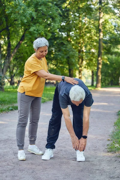 Anziani Coppia Sposata Che Allena Facendo Esercizi All Aperto Stile — Foto Stock
