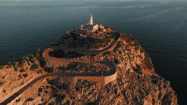 Drone Point View Formentor Lighthouse Rocky Mountains Top Surrounded Waters — Wideo stockowe