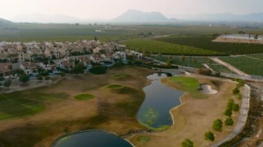 Tipik İspanyol golf sahaları ve evleri. Golf sporu için yeşil çimenler, palmiye ağaçları ve göller. Yeşil alan, tropikal iklim, hava aracı bakış açısı. Alicante vilayeti. Costa Blanca 'da. İspanya