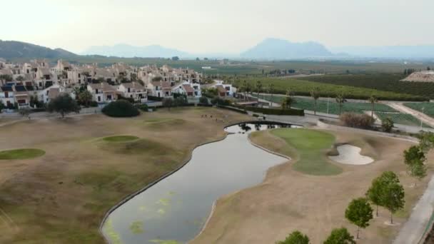 Typical Spanish Golf Fields Houses Green Lawns Palm Trees Lakes — стокове відео