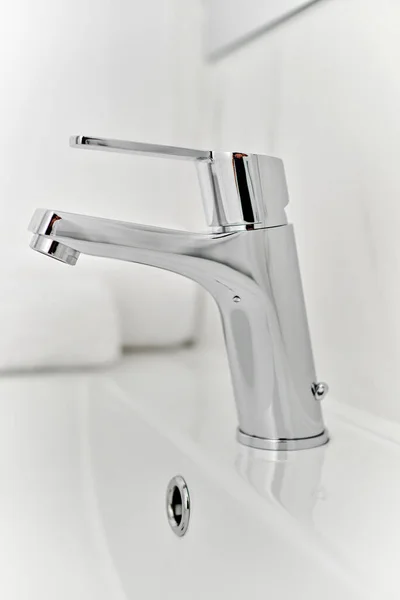 Stylish White Sink Metallic Faucet Bathroom Close — Stock Photo, Image