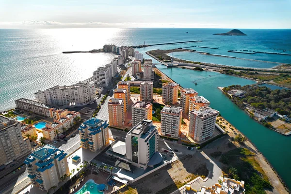 Luchtfoto Drone Standpunt Manga Del Mar Menor Stadsgezicht Met Murcia — Stockfoto