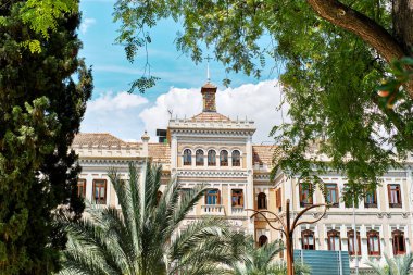 Bereketli yeşil yapraklar ve plam yaprakları sayesinde Murcia 'daki üniversitenin Nekahet Binası' nın dış görünüşü görülebiliyor. İspanya