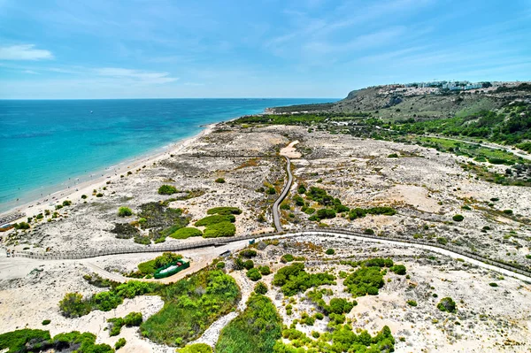 Drone Synspunkt Sandstrand Gran Alacant Udsigt Fra Oven Rejse Turisme - Stock-foto