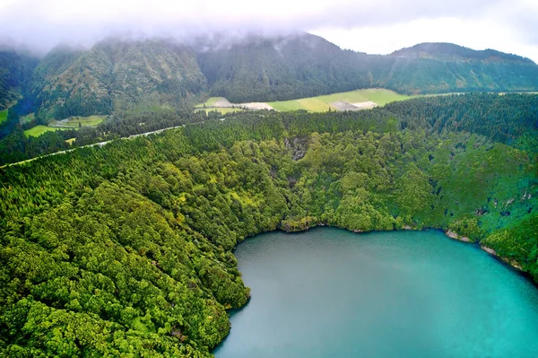 Aerial Shot Picturesque Paradise Sete Cidades Azores Sao Miguel Volcanic — Stock Photo, Image