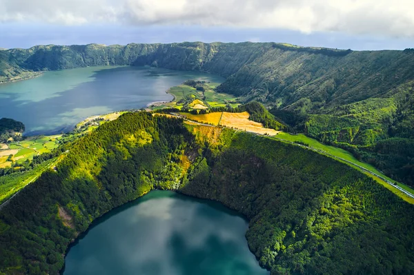 Luftaufnahme Drohnenblick Boca Inferno Malerische Seen Vulkankratern San Miguel Insel — Stockfoto
